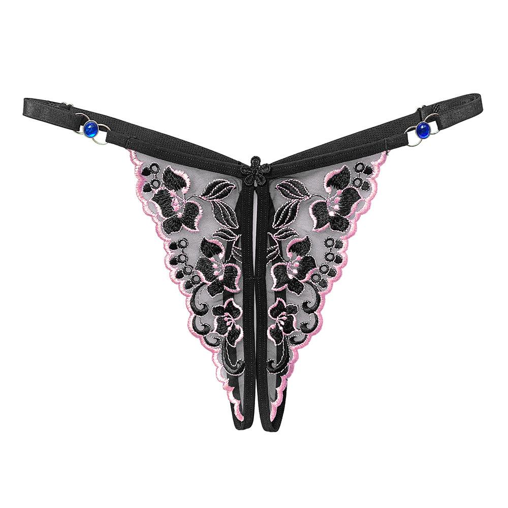 Hot Perspective Embroidered Underwear Female Sexy Flash Diamond Waist Adjustable Fun Open Crotch Mesh Thong Female 2259
