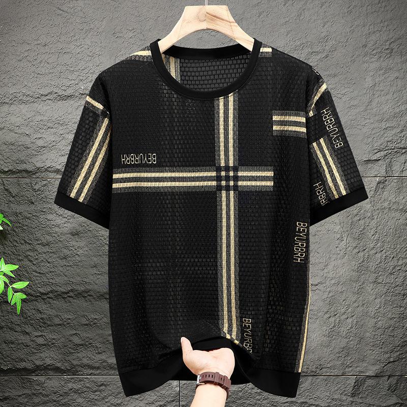 Men's Plus Size Hollow Out Striped T-Shirt Summer Lightweight Oversized Bamboo Fiber Big Tall 5XL-12XL