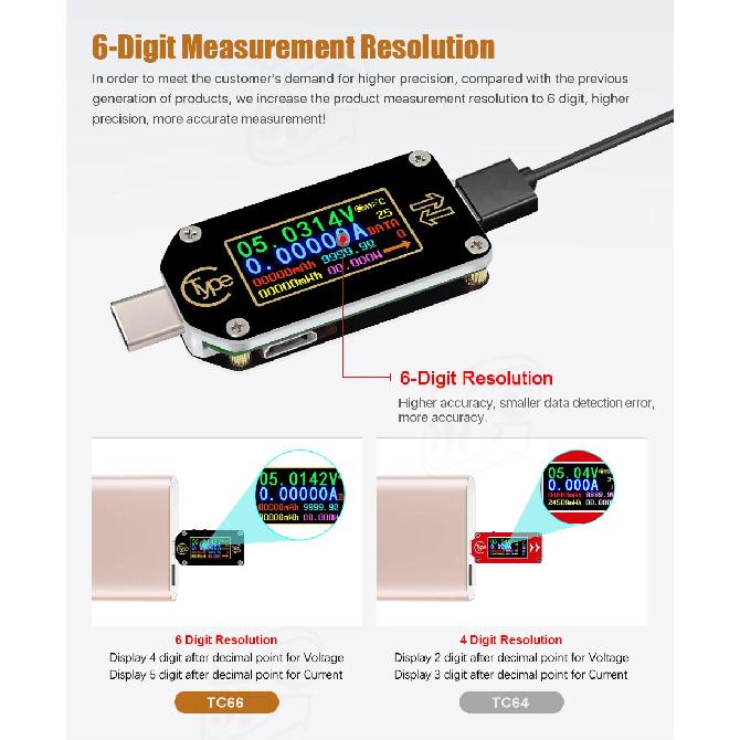 TC66/TC66C TC64 Type-C PD Trigger USB-C Voltmeter Ammeter Voltage 2 Way Current Meter Multimeter PD Charger Battery USB Tester