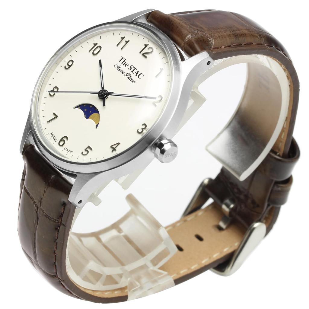 domestically produced antique retro moon Arabic numerals x crocodile [The STAC] Japanese-made, wristwatch, 36mm, style, men's, women's, unisex, phase,