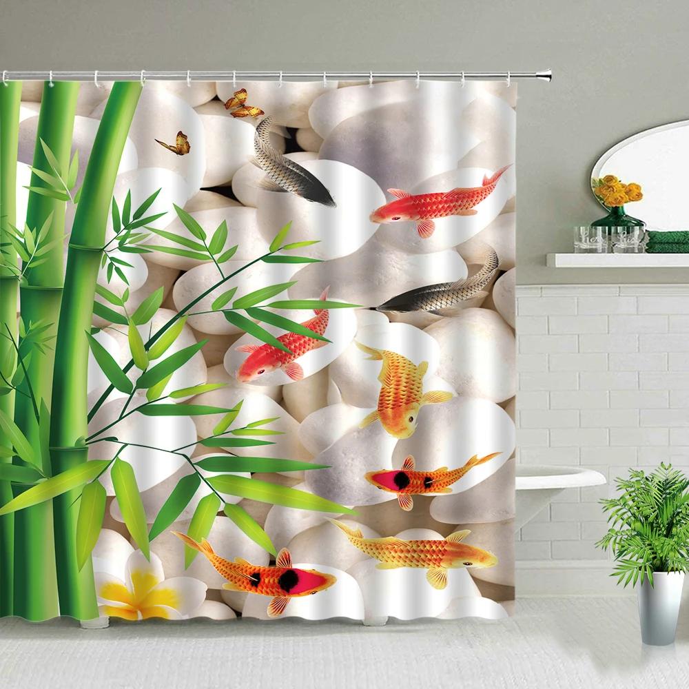 Modern Chinese Style Koi Fish Scenery Shower Curtain Bathroom Screen Waterproof Fabric Background Wall Decor Hanging Curtains