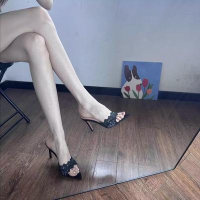 Black Lace High Heels for Women's 2025 Summer New Thin Heels, Temperament Is Not Tired, Pointed Feet, Open-toed Sandals, and Sandals Are Worn Outside.