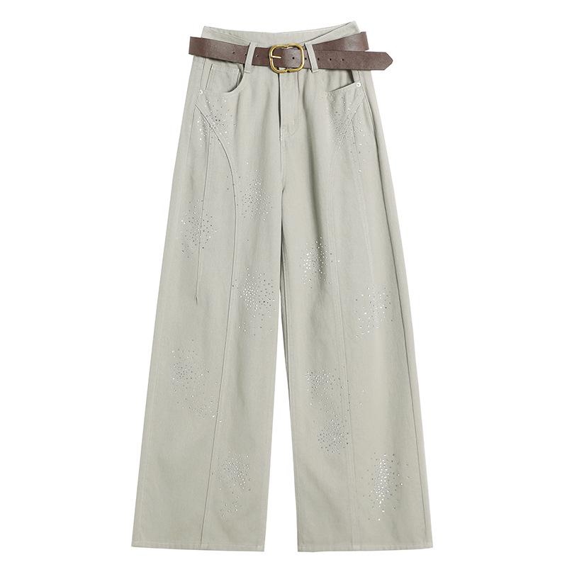 Women's Retro Fireworks Rhinestone Denim Jeans: Stylish Wide-Leg, Floor-Length Pants