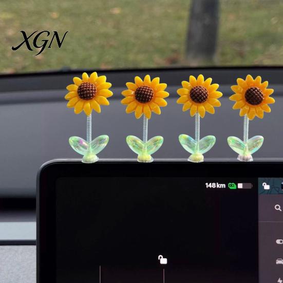 Car Interior Decor for Teen Girls Sunflower Dashboard Decor, Resin Wobble Flower Ornament with Non Cute Slip Adhesive, Shaking Rearview Mirror Office