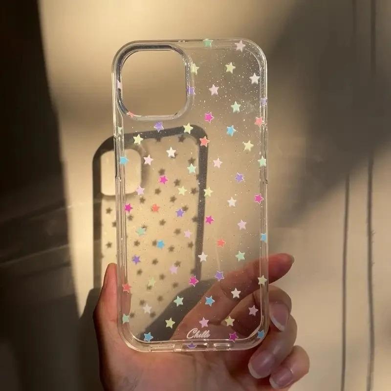 Colorful Star Graffiti Glitter Phone Case For iPhone 17 16 15 14 Pro Max 13 12 11 XS X 16E 7 8 Plus Transparent Shockproof Cover