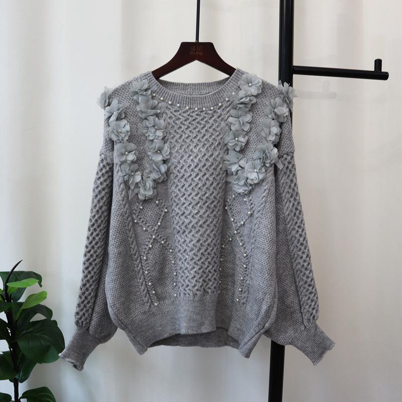 

Осень и зима новый свитер с бисером и трехмерными цветами, пуловер свободного дизайна, милый вязаный топ для женщин one size fits all серый