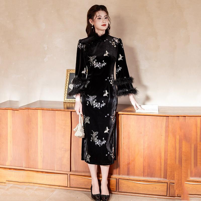 Womens Winter Velvet Qipao Dress With Wide Sleeves Retro Chinese Style Long Sleeve Coat Cold Weather