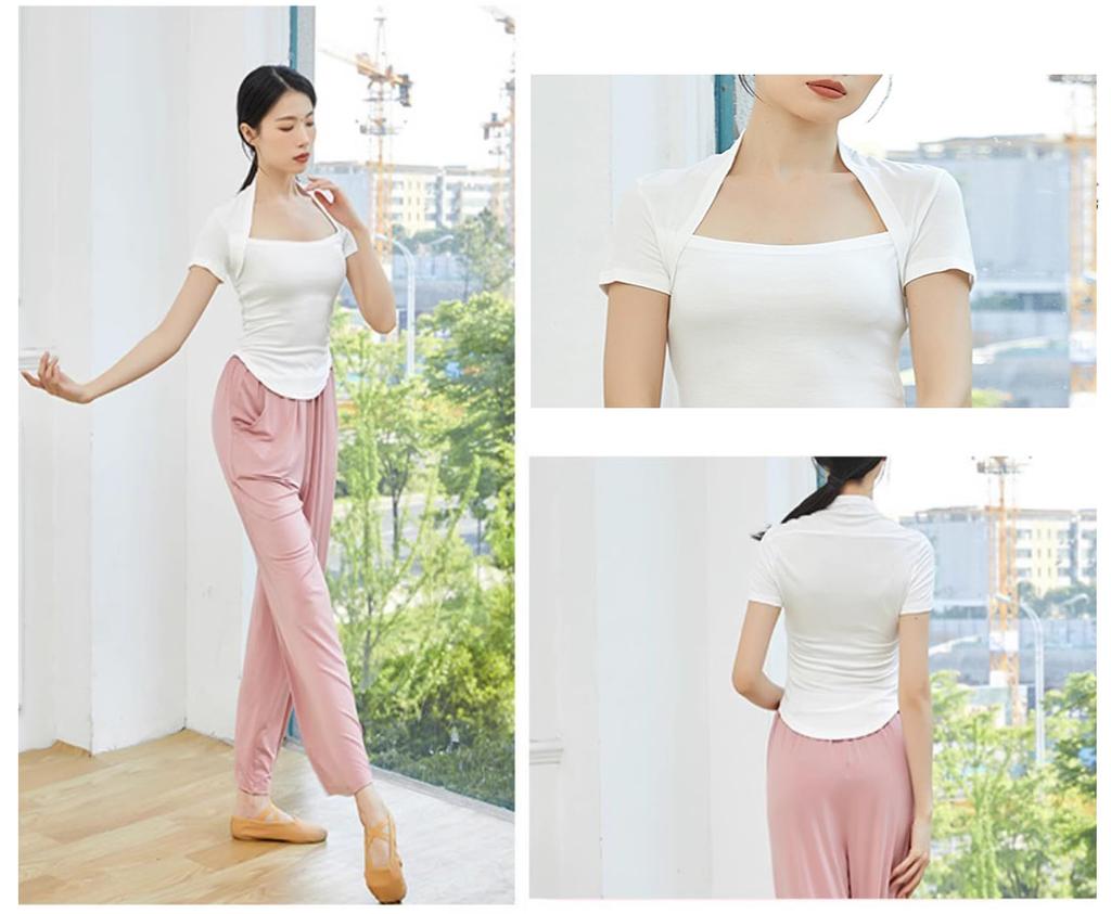 Yuoku Ballet Short Square Solid Practice Jazz Elegant Dance Costume B01 Green Women's T-Shirt, Sleeves, 3/4 Sleeves, Neck, Color, Wear, Dance, Yoga,