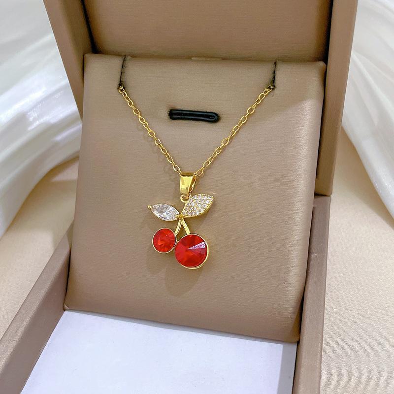 Gold Color Sweet Red Crystal Cherry Pendant Necklaces for Women Girls Stainless Steel Chain Cute Jewelry Accessories Gifts