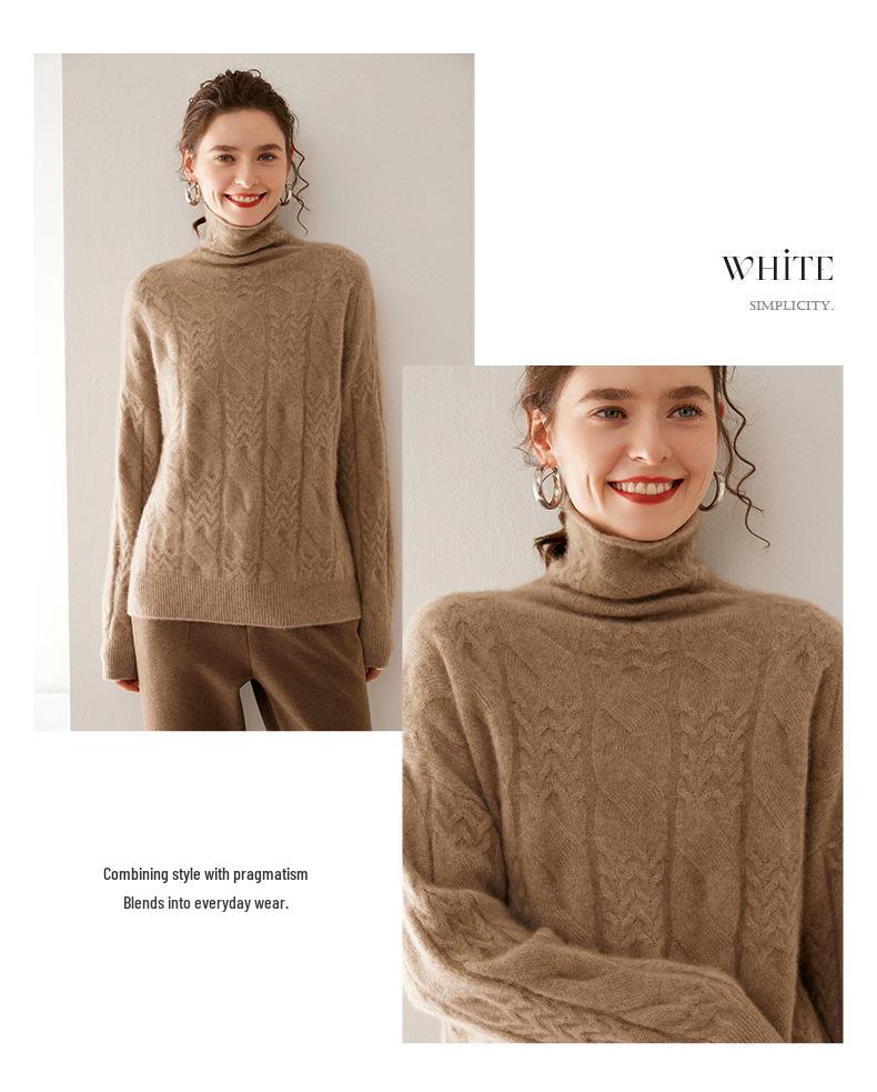 Women's High Neck Cable Knit Cashmere Sweater - Cozy, Loose Pullover for Autumn & Winter