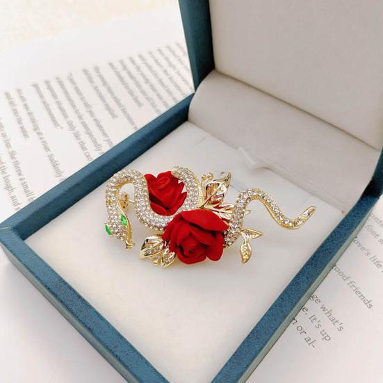 Suit Coat Brooch Shiny Rhinestones Snake Shape Pin with Rose Flower Decor Sweaters Hats Bags Badge Daily Wear Parties Accessory
