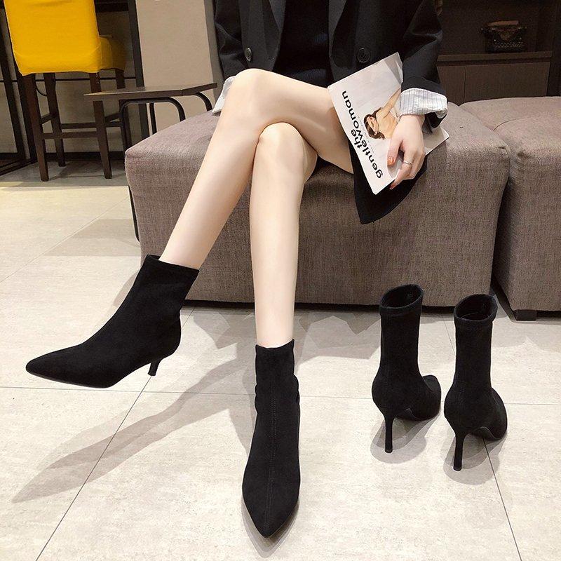 Pointed Toe Women Sock Short Boots Fashion Slip On Shoes Autumn Winter Thin High Heel Women's Ankle Booties