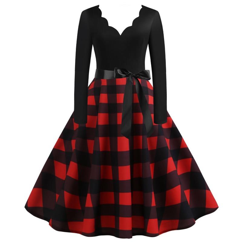 

Поставка Горячая Распродажа Ретро V-образный вырез Длинный рукав Контрастная цветная вставка Клетчатый принт Платье-маятник XXXL