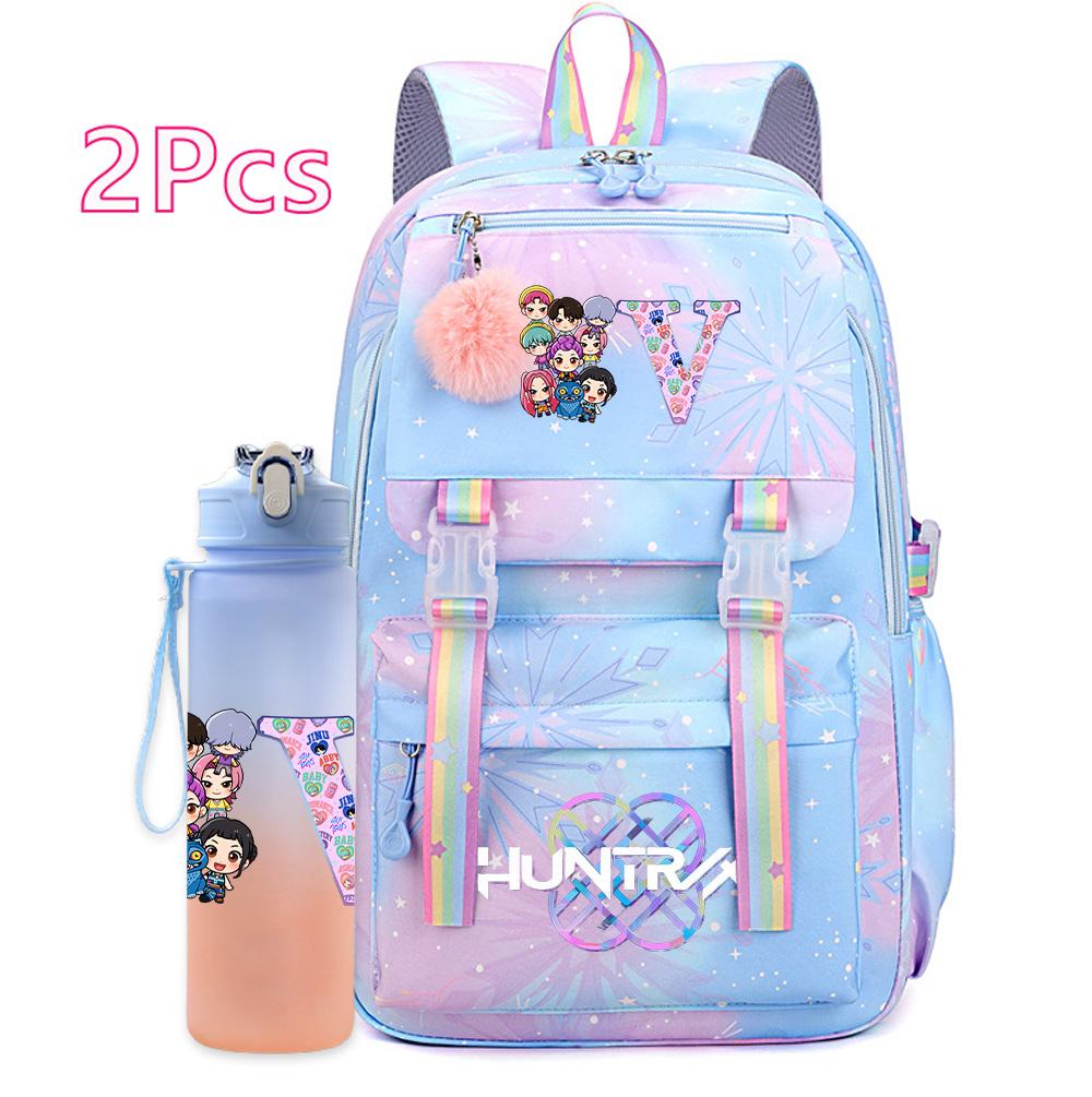 2Pcs/set K-pop Printed Backpack with 750Ml Water Bottler Large Capacity Travel Bag for Teenager Girl Boy Bookbag Kid Gift Large Capacity Bag Mochila