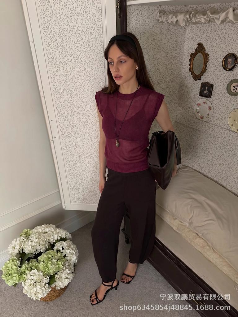 European and American new products round neck solid color thin pullover sleeveless knitted sweater women's season versatile vest top
