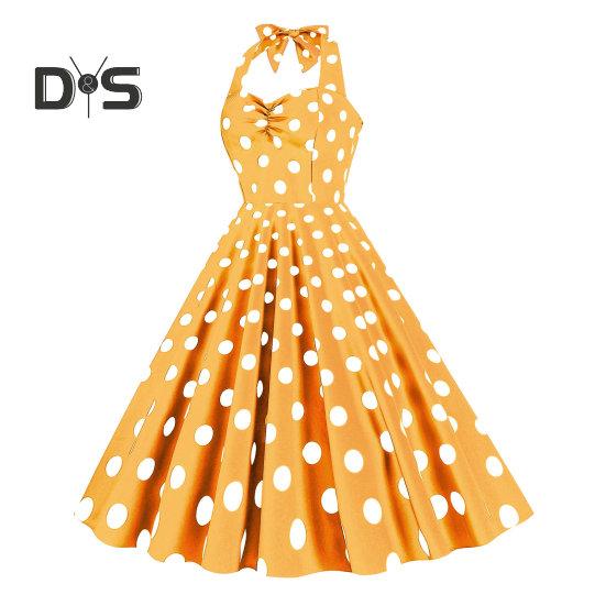 Women Vintage Dress 50s Retro A-line Big Swing Sleeveless Dot Print Contrast Color Elastic Bust Halter Neck High Tight Waist Backless Knee Length