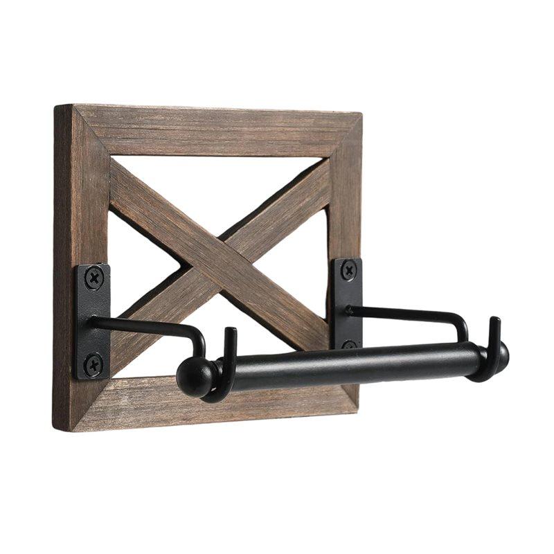 

SHGO-Galvanized-Steel Toilet Paper Holder-Farmhouse Style Rustic Warm Brown Wood Wall Mount For Bathroom Decor Roll