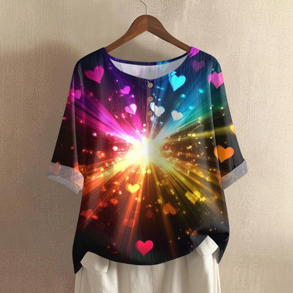 Damska casualowa i wygodna bawełniano-lniana bluzka z okrągłym dekoltem, średniej długości, z modnym nadrukiem