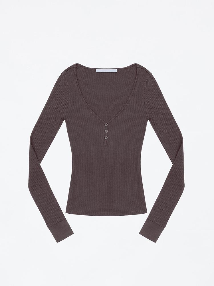 

Women s Slim Fit Deep V-Neck Button-Up Long Sleeve Waffle Knit Top Medium сірий колір/фіолетовий