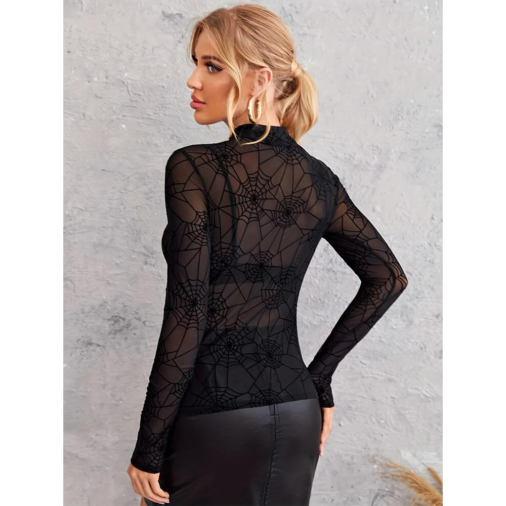 Floral Mesh Long Sleeve Tops for Women Mock Neck See Through Fitted Sexy Going Out Top