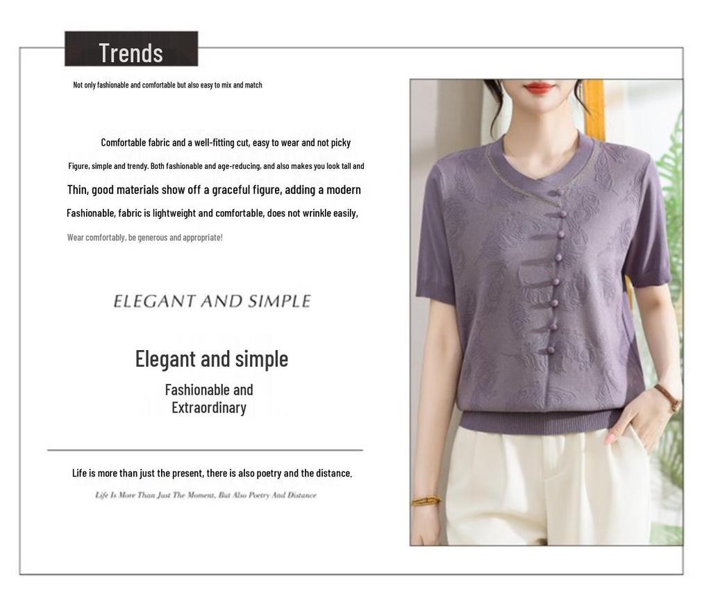 Elegant Retro V-neck Knit T-shirt for Women