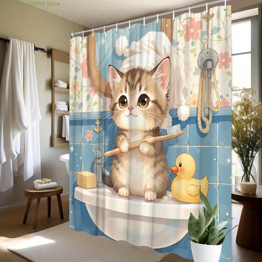 1pc Tabby Kitten Bathroom Shower Curtain Fluffy Towel Sink Wooden Toothbrush Duck Nautical Theme Bathroom Decoration Home Deco