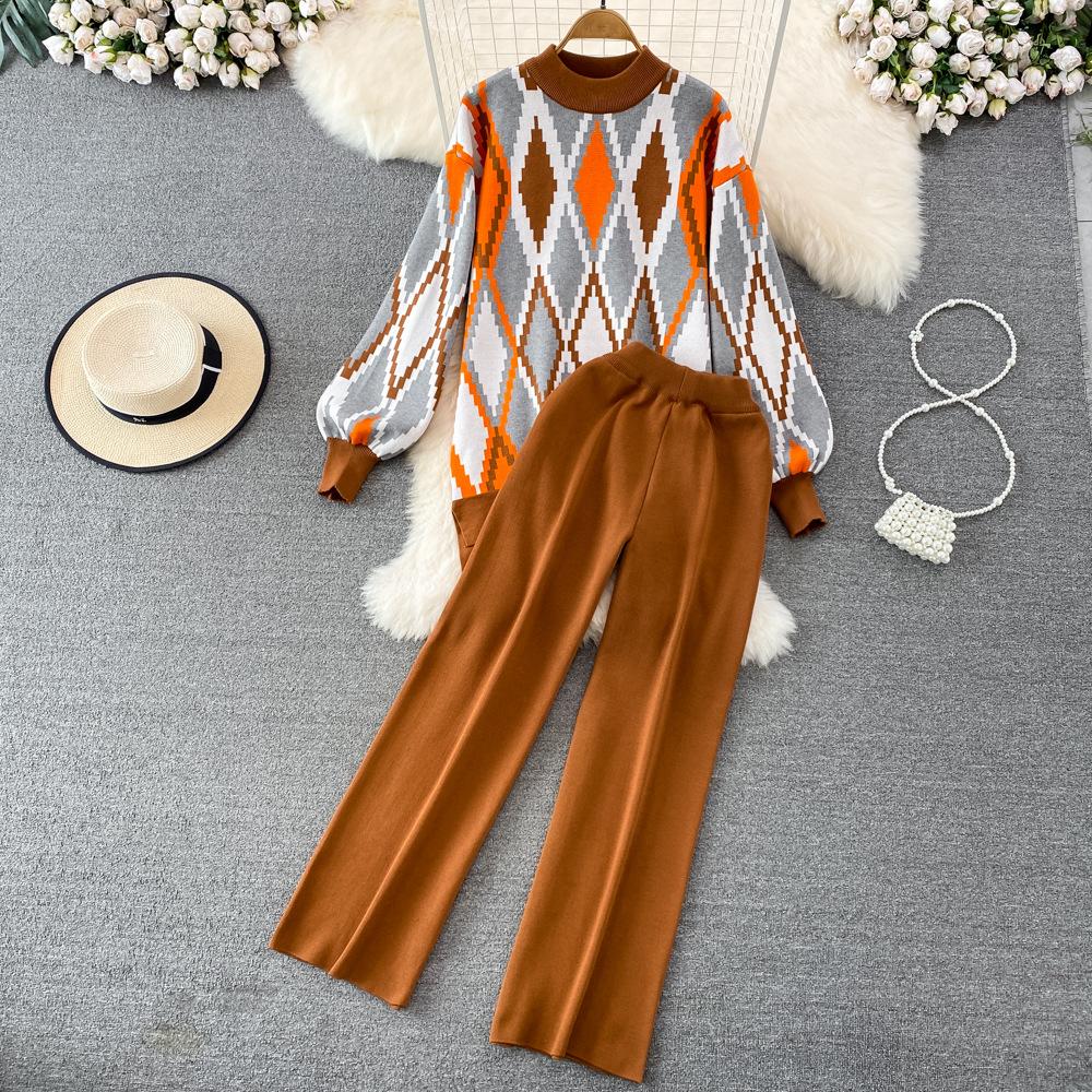 Conjunto de Moda para Mujer Otoño Invierno Suéter Holgado de Manga Larga a Cuadros Conjunto de Dos Piezas Pantalones de Punto Rectos de Pierna Ancha Adelgazantes de Cintura Alta