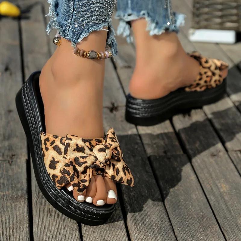 

Fashion Plus Size 2025 Summer Round Toe Women s Slipper Bow Tie Outdoor Platform Sandals Women with Leopard Flat with Hot Sale Slippers 36
