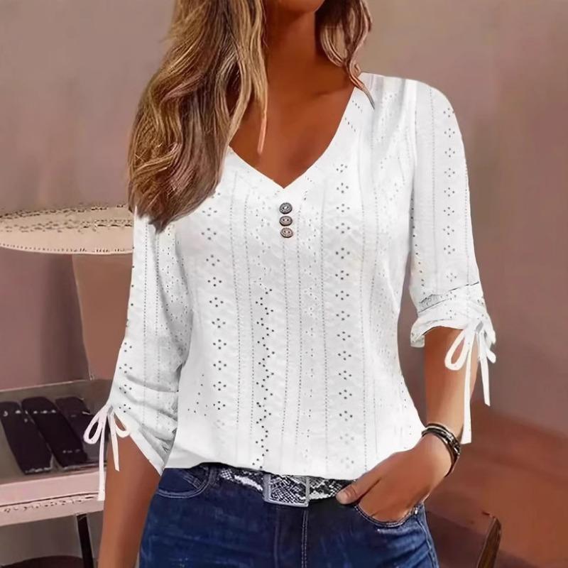 Spring and Summer New Solid Color Jacquard Button Long-sleeved Straps Hollow Loose T-shirt Top