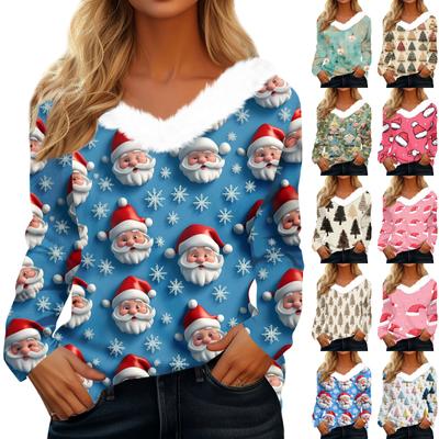 Damen T-Shirt Weihnachten Langarmshirt Party Weihnachten Fleecekragen V-Ausschnitt Top