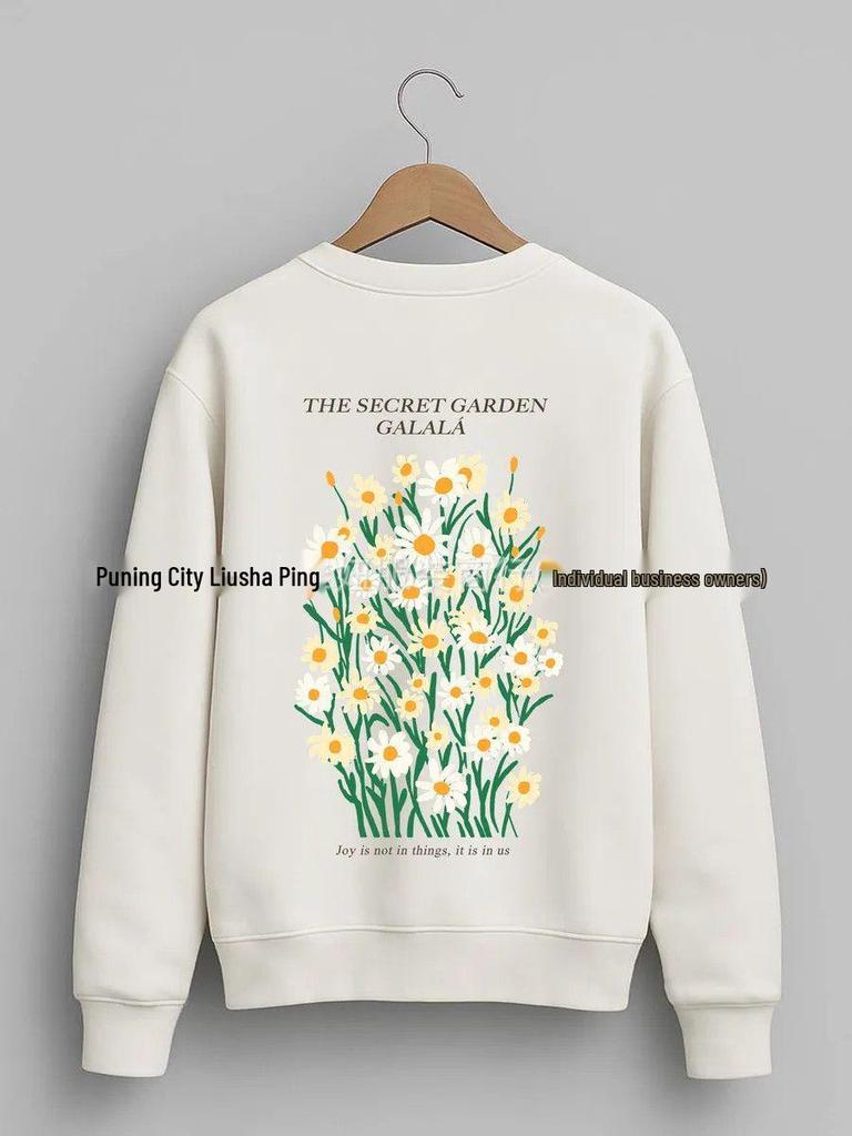 Chic Chrysanthemum Print Round Neck Sweatshirt - Trendy Casual Autumn/Winter Style