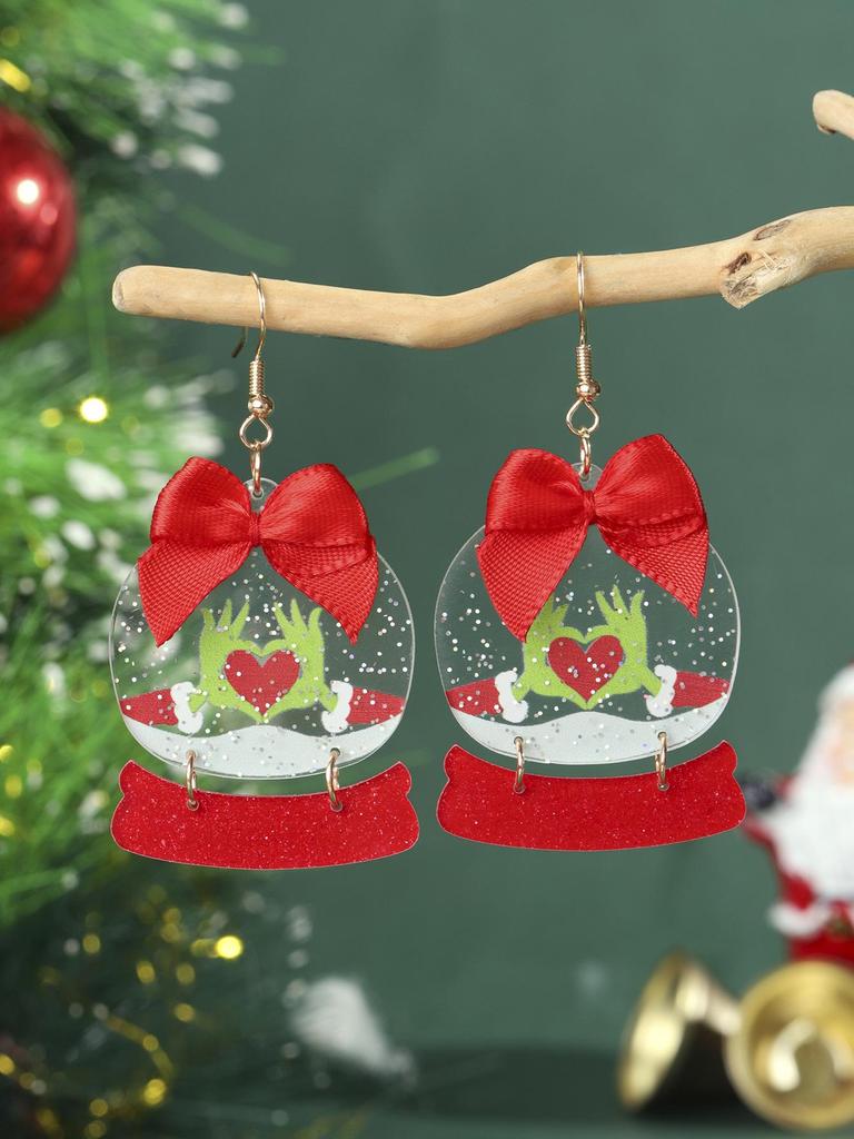 Christmas Heart Gesture Acrylic Bow Earrings with Glittering Crystal Ball