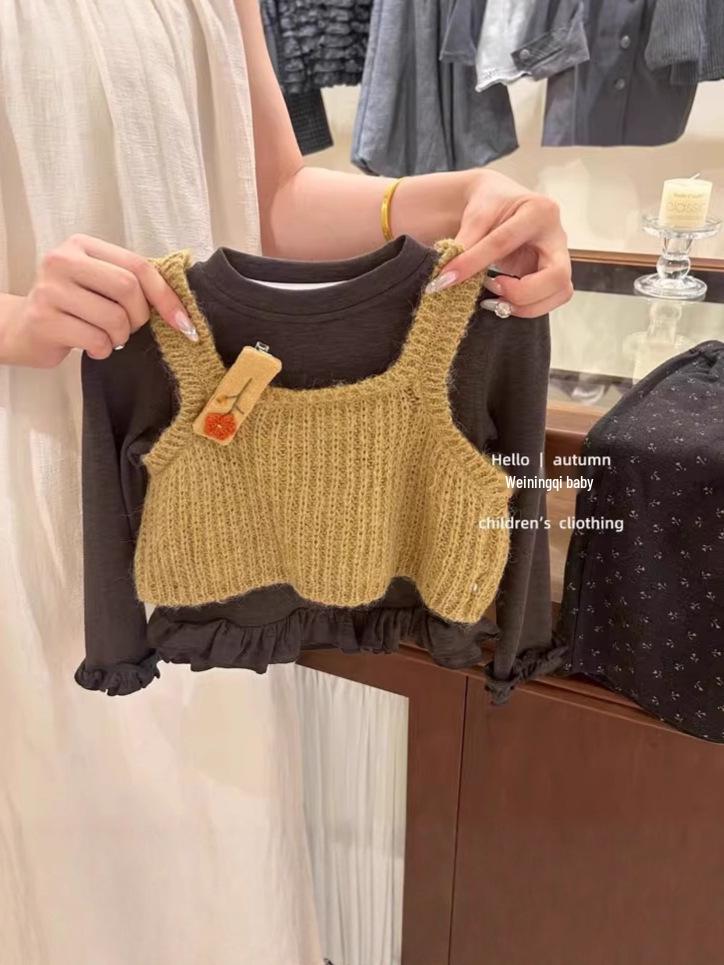 2025 Autumn Korean Girls' Fashion: Knitted Vest, Base Shirt & Pants Three-Piece Set