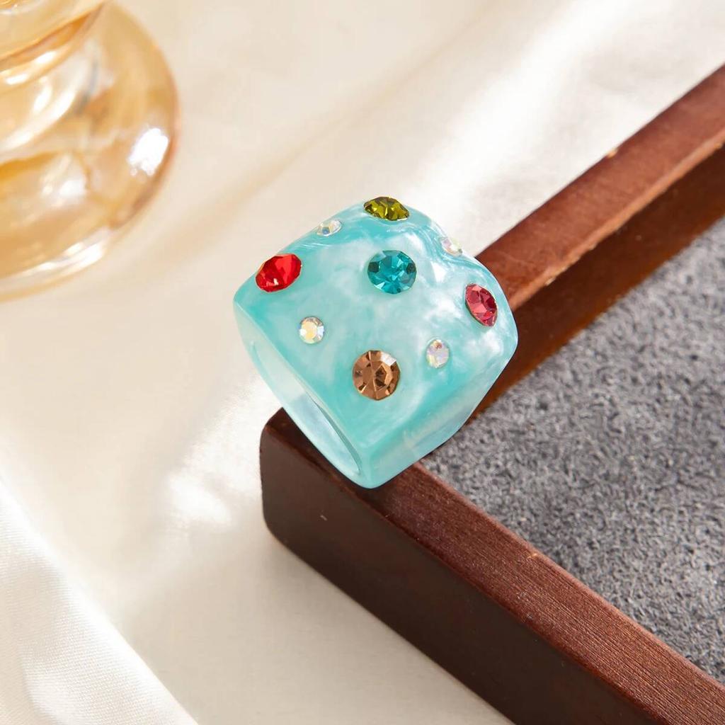 SHIXIN 2026 New Trendy Colorful Resin Inlay Rhinestone Geometric Square Ring Sweet Chunky Geometric Ring Valentine's Day Jewelry