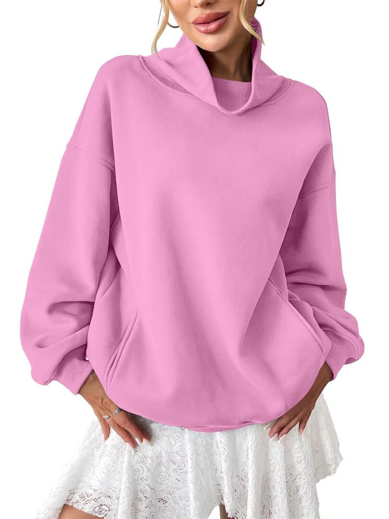 Women's Fleece-Lined Ribbed Turtleneck Sweatshirt Long Sleeve Casual Loose Pullover
