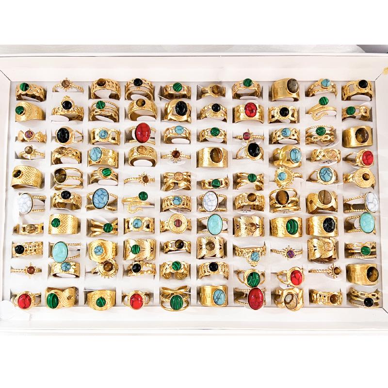 European-American Retro French Natural Stone Stainless Steel Ring Set