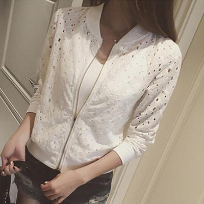 Abrigo de mujer de otoño y primavera con encaje calado, cuello alto, cierre de cremallera, puños y dobladillo elásticos de color liso, chaqueta de uso diario para citas