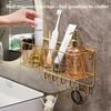 Bathroom Storage Rack with Hollow And Multi-Hook Design Basket Large Capacity Adhesive Installation Organizer for Home