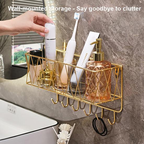 Bathroom Storage Rack with Hollow And Multi-Hook Design Basket Large Capacity Adhesive Installation Organizer for Home