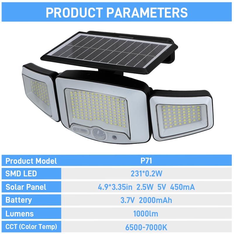 Solarup Solar Motion Sensor Light Triple Head Wall 2000mAh Security 1000 LM High Brightness Light LED Outdoor Floodlight Ip65