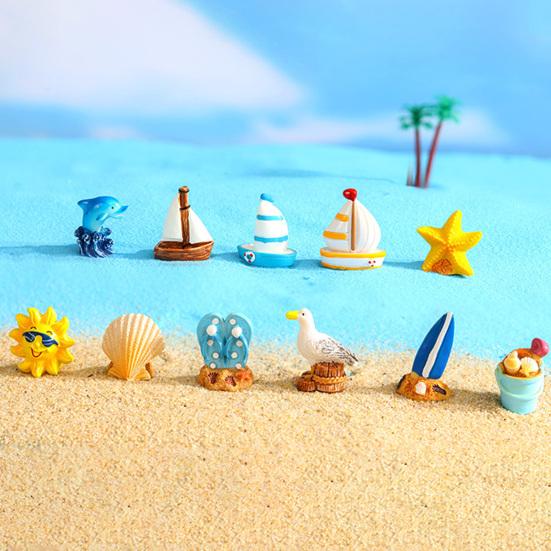 3/11Pcs/Set Miniature Seaside Theme Toy Kit Mini Resin Surfboard Seashell Seabirds Dolphin Starfish Boats Bucket Shoes Sun Model Summer Beach
