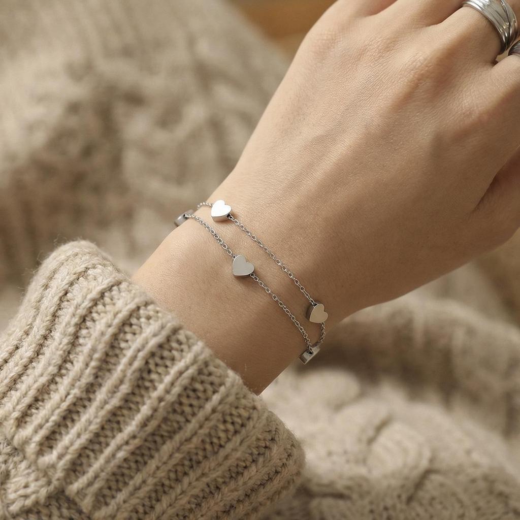 Elegant EU-US Style Double-Layer Heart Bracelet - Cute, Simple, 18K Gold-Plated Stainless Steel Jewelry
