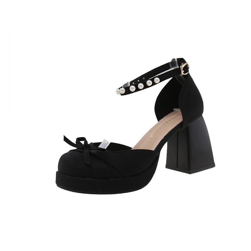 New Thick Heel Women Mary Jane Shoes Fashion Pearl Ankle Buckle Shoes Ladies Butterfly-knot Dress Pumps Shoes