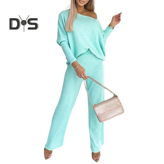 

Женский комплект из 2 предметов: топ и брюки, круглый вырез, длинные рукава, толстовка с эластичной резинкой на талии, широкие спортивные штаны, спортивный костюм, осенний повседневный спортивный костюм M циан