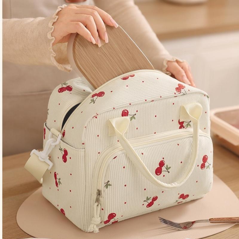 Floral Corduroy Lunch Bag Printed Food Handbags Portable Thermal Lunch Box Bag Waterproof Office Cooler Ice Insulated Case