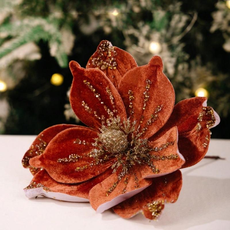 1PC Christmas Home Hotel Holiday Wedding Decoration Supplies Flocked Single Artificial Flowers Gold Powder Christmas Flowers