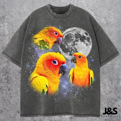 Three Sun Conure Moon Shirt, Sunny Parrot Lover Tee, Bright Yellow Bird Galaxy Gift, Vintage Wash Retro Graphic Top, Exotic Pet Owner Shirt