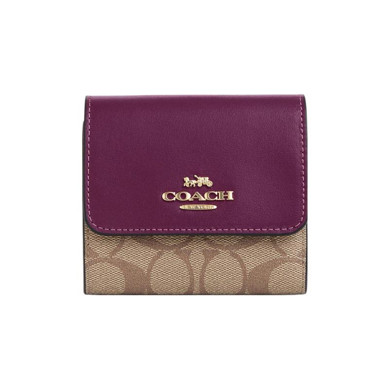 

COACH wallet Trifold 11 Silver Logo Flap with Classic Presbyopia Snap Closure Coated Canvas and Smooth Leather Card Holder Regular Khaki and berry серебряный