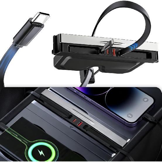 Polwlamks 65W Fast Charging USB Hub for Tesla 2025-2026 Model Y Juniper 2024-2025 Model 3 Highland, 4-in-1 Multi Ports & Retractable Cable, Model Y L