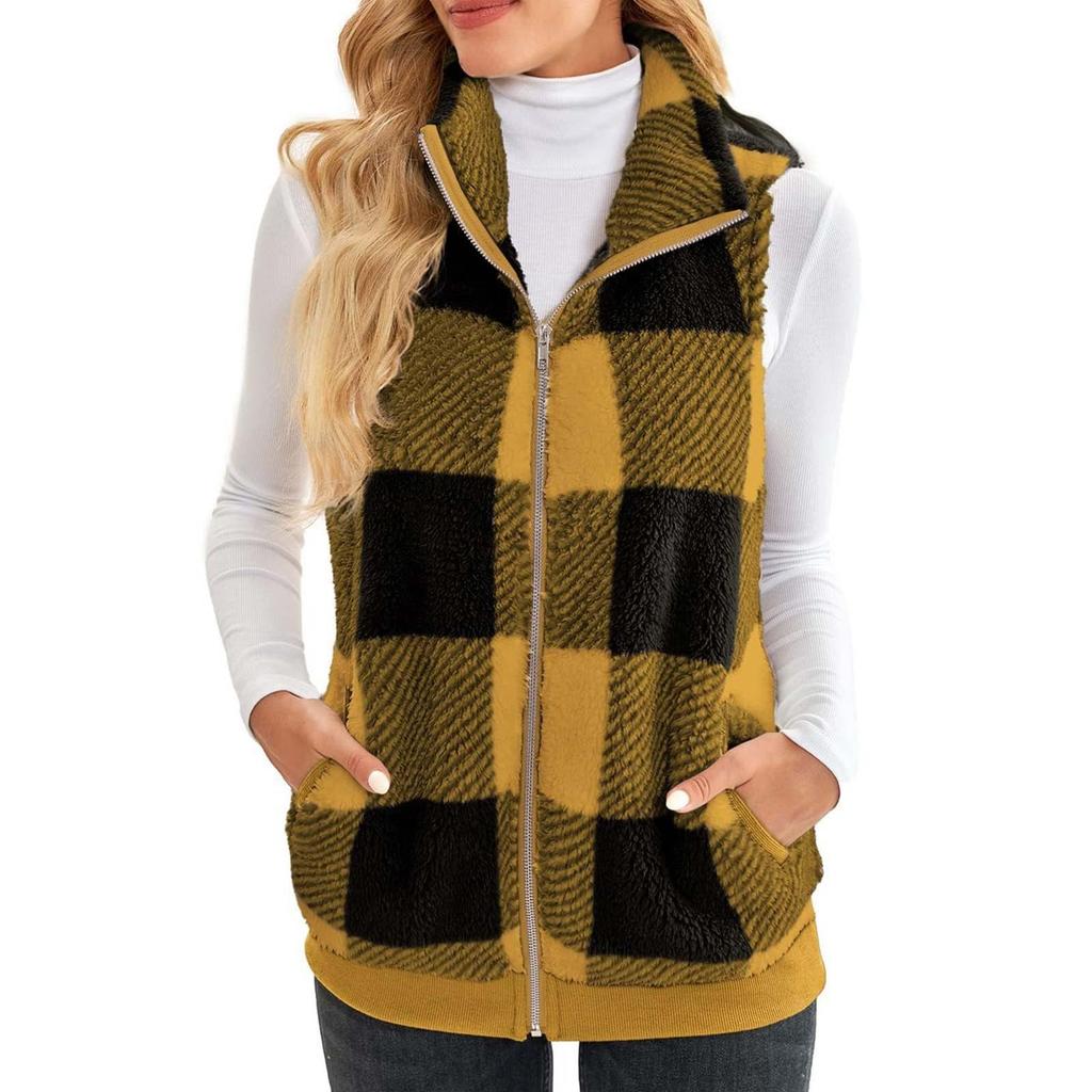 Fashionable Ladies Plaid Comfortable Fleece Cardigan Vest Stand Collar Sleeveless Women's Jacket